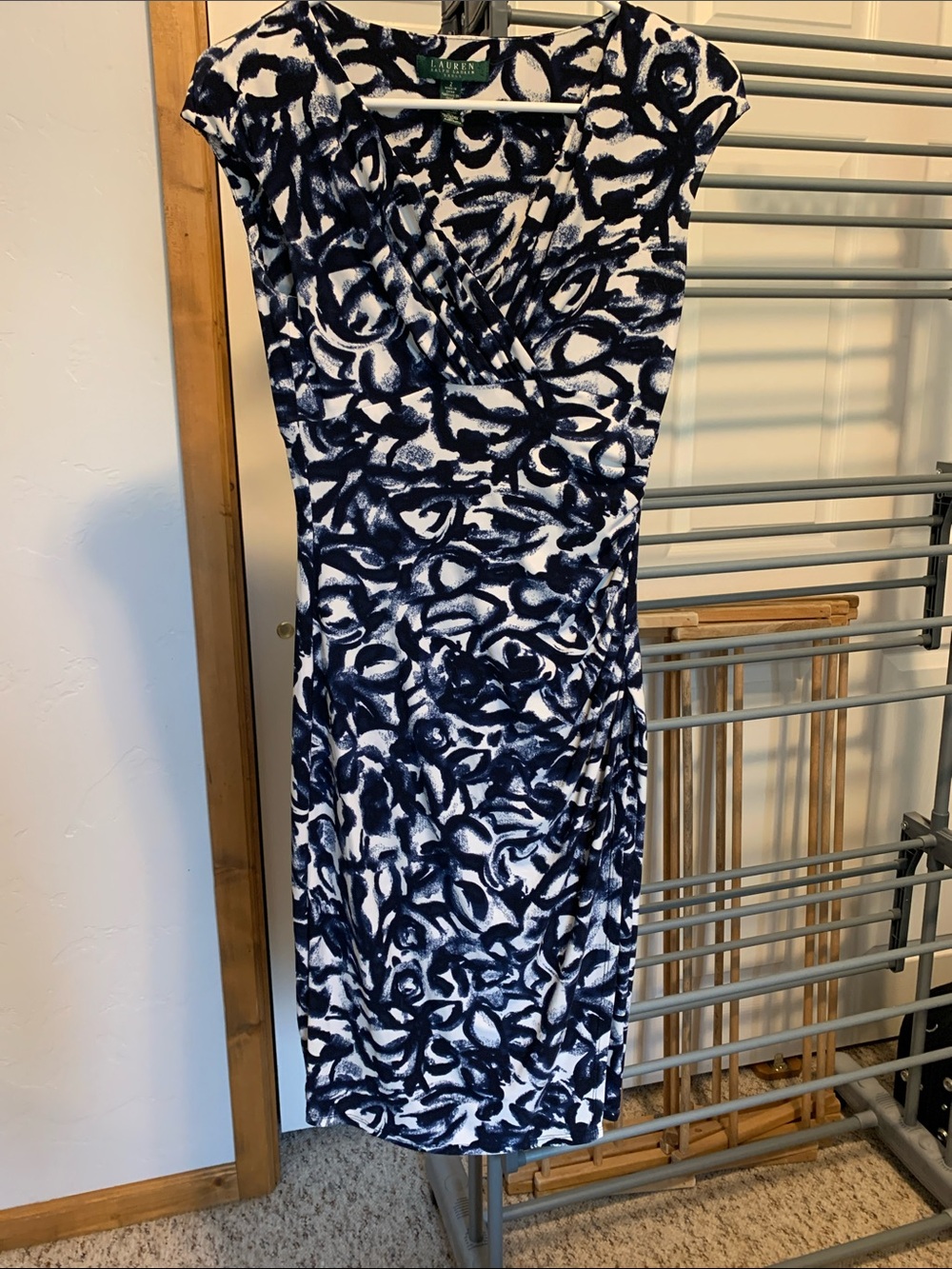 Lauren Ralph Lauren Navy and White Abstract Print Midi Dress